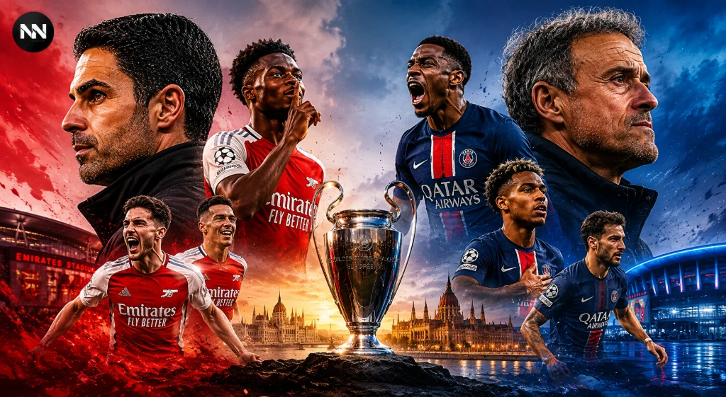 Champions League Final 2026 illustration featuring Arsenal, PSG, Mikel Arteta, Luis Enrique and the European Cup trophy before football's biggest club match.