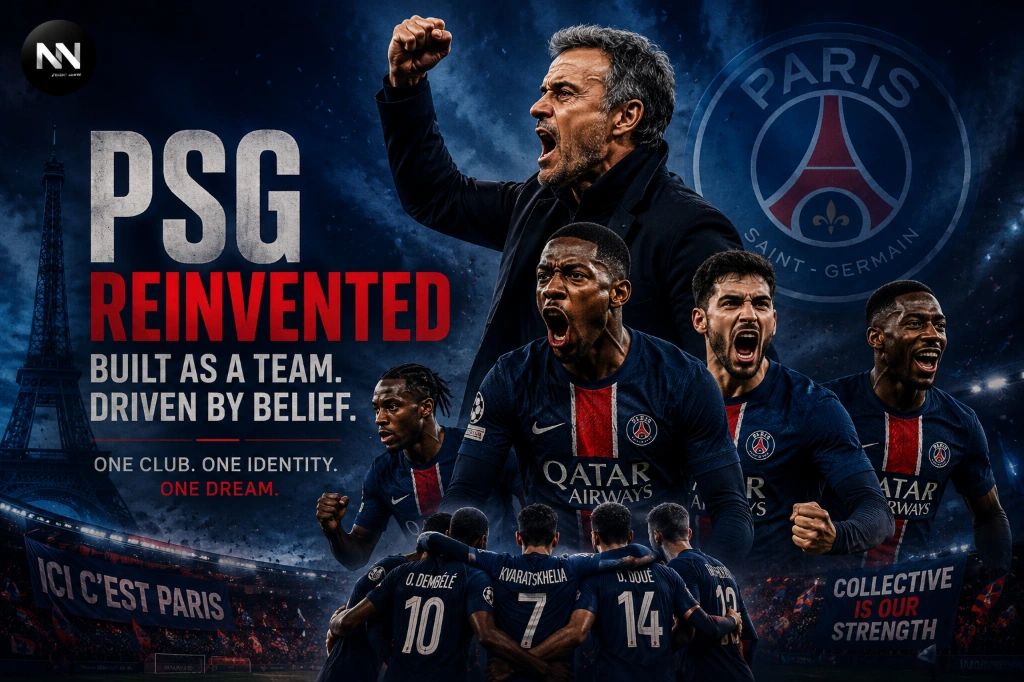 Luis Enrique and PSG players celebrate the club's transformation from a superstar-driven project into a collective team competing for Champions League glory.