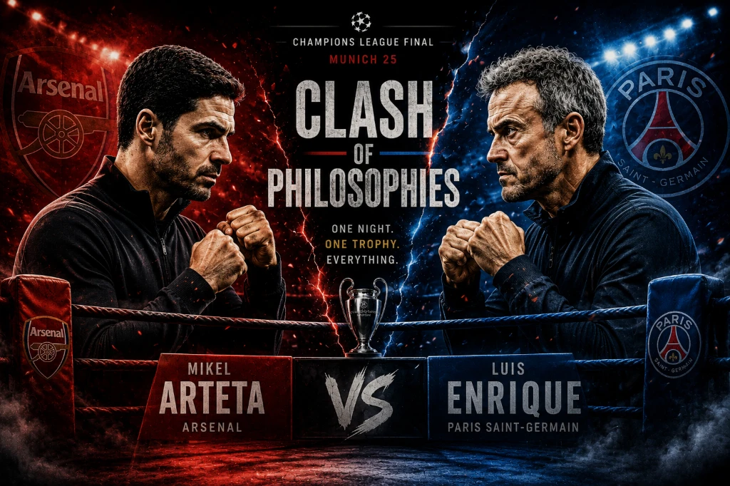 Arsenal manager Mikel Arteta and PSG coach Luis Enrique face off in an editorial illustration highlighting their contrasting philosophies ahead of the Champions League Final.