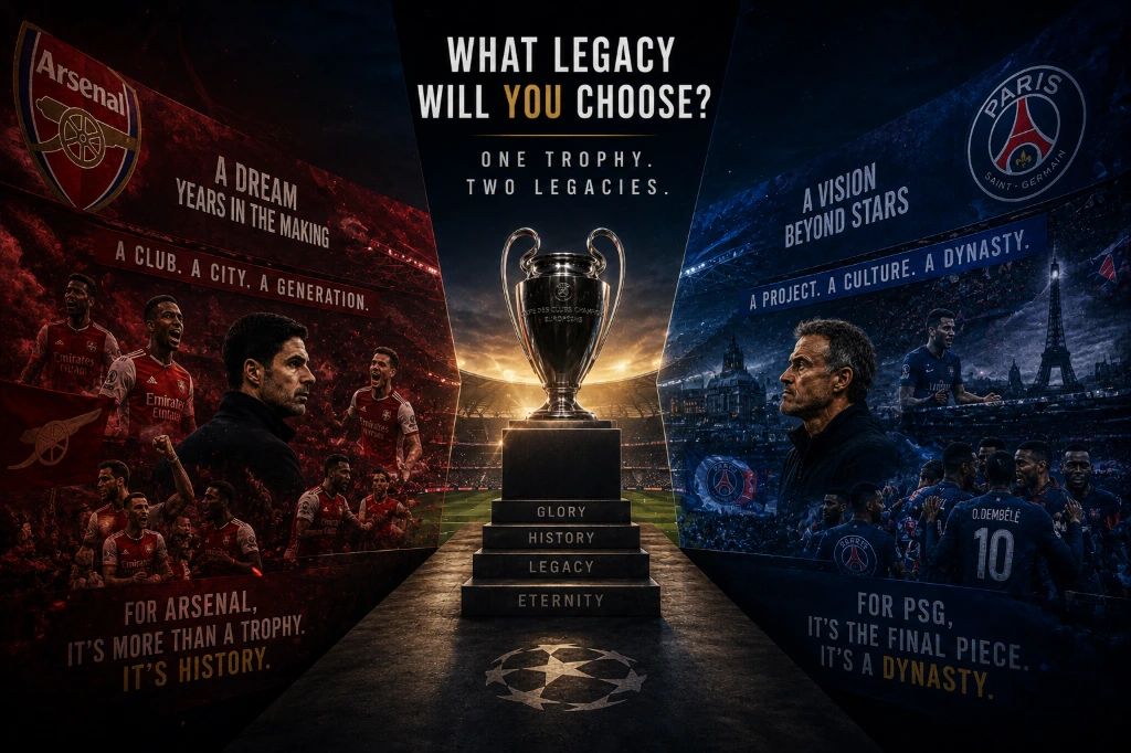 Editorial illustration showing Arsenal and PSG competing for Champions League glory, with the European trophy symbolising history, legacy and football immortality.