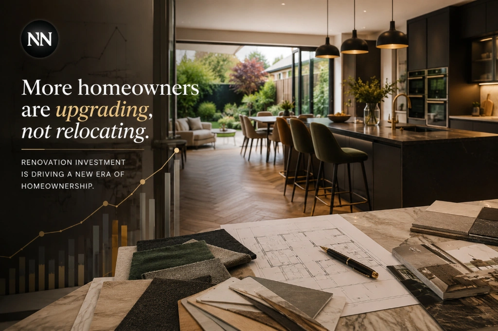 Modern luxury home interior showcasing the growing trend of homeowners investing in renovation, interior design and long-term property improvements instead of relocating.
