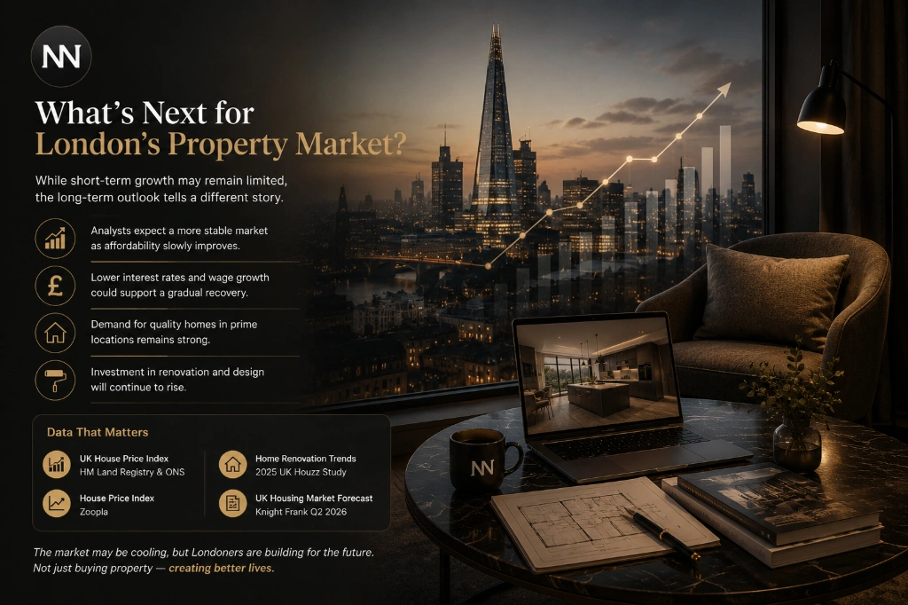 Editorial illustration showing London's skyline, housing market trends and long-term property investment opportunities alongside modern home renovation and interior design concepts.