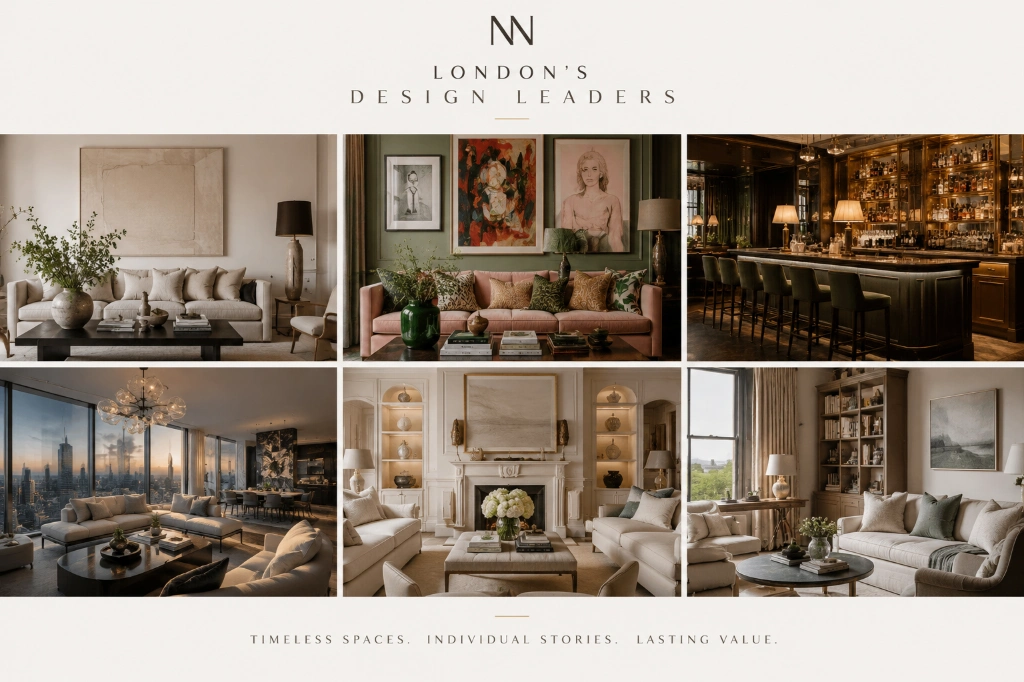 Editorial collage showcasing luxury interior design styles inspired by London's leading design studios, featuring bespoke residential interiors, art-led spaces, hospitality design and contemporary British luxury.